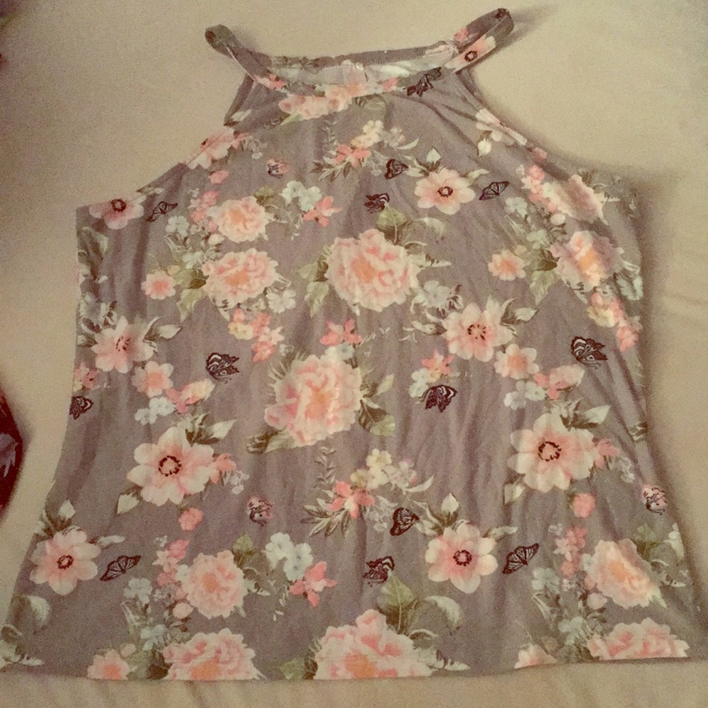 No Boundaries Gray Printed Floral Tank Top